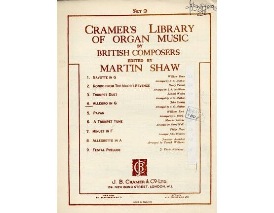 7862 | Cramer's Library of Organ Music by British Composers - Allegro in G Major - Edited by Martin Shaw - Set 9