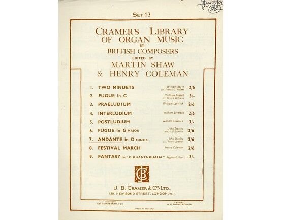7862 | Cramer's Library of Organ Music by British Composers - Andante in D Minor - Edited by Martin Shaw & Henry Coleman - Set 13