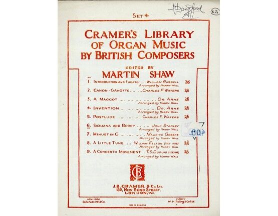 7862 | Cramer's Library of Organ Music by British Composers - Siciliana & Borey - Edited by Martin Shaw - Set 4