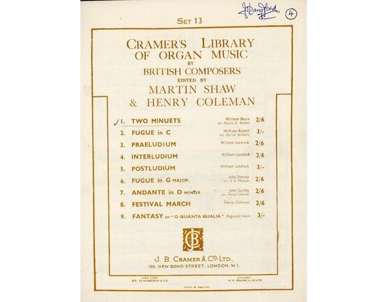 7862 | Cramer's Library of Organ Music by British Composers - Two Minuets - Edited by Martin Shaw & Henry Coleman - Set 13 - For Organ