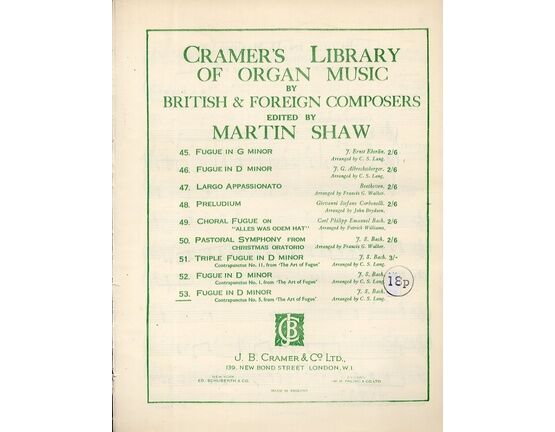 7862 | Cramer's Library of Organ Music by British & Foreign Composers No. 53 - Edited by Martin Shaw - Fugue in D Minor - Contrapunctus No. 5 from 'The Art of Fugue'