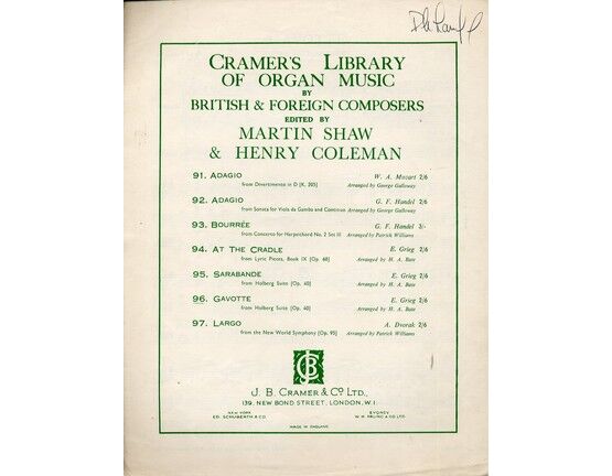 7862 | Gavotte from Holberg Suite - Cramer's Library of Organ Music by British & Foreign Composers - Edited by Martin Shaw & Henry Coleman - No. 96