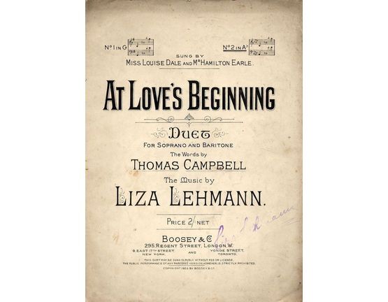 7863 | At Love's Beginning - Duet for Soprano and Baritone - Sung by Miss Louise Dale and Mr Hamilton Earle - No. 2 in key of A flat