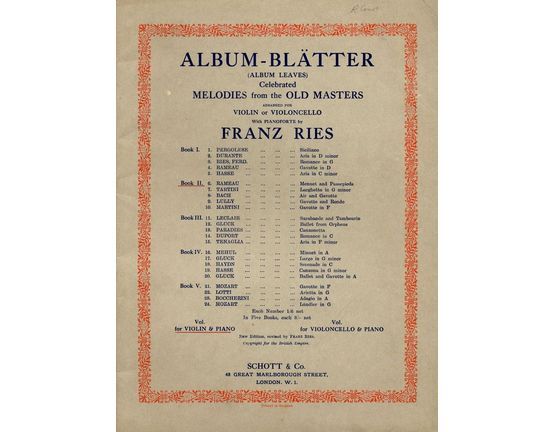7947 | Album Blatter (Album Leaves) - Book II -  Celebrated Melodies from the Old masters - Arranged for Violin or Violoncello with Pianoforte