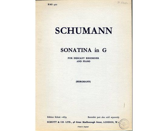 7947 | Sonatina in G Major - For Descant Recorder and Piano - Edition Schott 10679