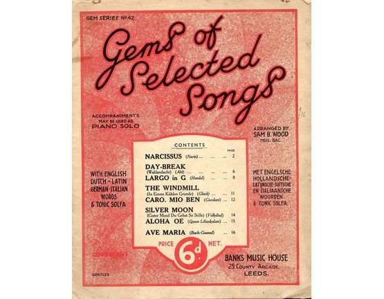 7950 | Gems of Selected Songs - Accompaniments may be used as Piano Solo - Gem Series No. 42 - With English, Dutch, Latin, German, and Italian Words and Toni
