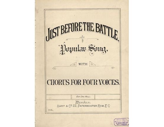 7972 | Just Before the Battle - Popular Song - Chorus for Four voices - For S.A.T.B and Piano - Hart and Co edition No. 513