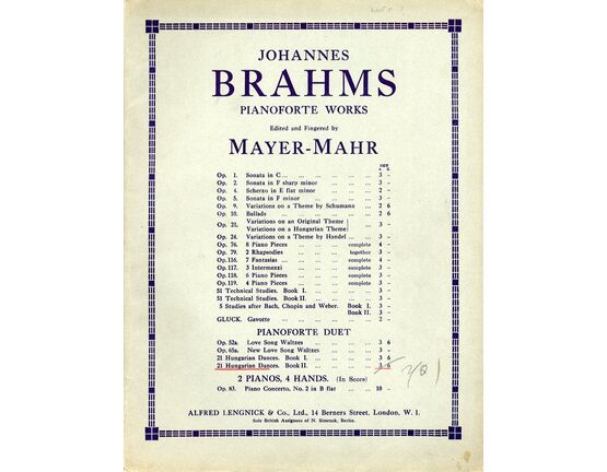 8069 | Brahms - Ungarische Tanze - Klavier zu 4 Handen - Book II - No.s 11-21 - Simrock Volks-Ausgabe Nr. 633-634