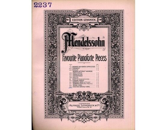 8069 | Mendelssohn - Venetian Gondola Song - Favourite Pianoforte Pieces Edition Lengnick No. 2237