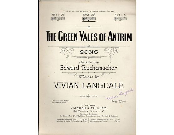 8137 | The Green vales of Antrim - Song - No. 2 in Key of E flat - For Piano and Voice