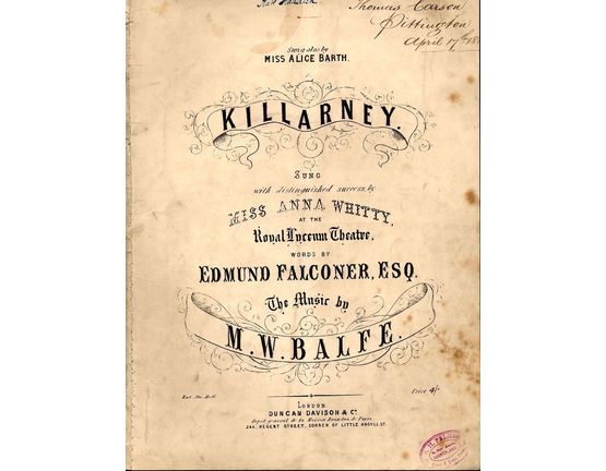8206 | Killarney - In the key of G major for high voice - As sung with distinguished success by Miss Anna Whitty