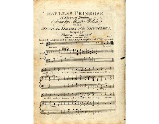 8366 | Hapless Primrose - A Favourite Ballad sung by Master Welsh in the Musical Drama of "The Smugglers" - With accompaniment for German Flute and Pianofort