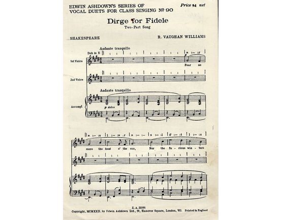 8646 | Dirge for Fidele - Two Part Song - Vocal Duet - Edwin Ashdown's series of vocal duets for class singing no. 90