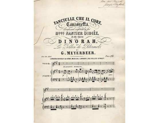 8653 | Fanciulle Che Il Core - Canzonetta - Composed expressly for Mdme Nantier Didiee in the Opera "Dinorah" or Le Pardon de Pliermel