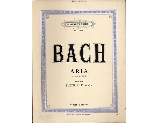 8654 | Bach - Aria on the G string from the suite in D major - Violin and Piano - Augener's Edition No. 11320