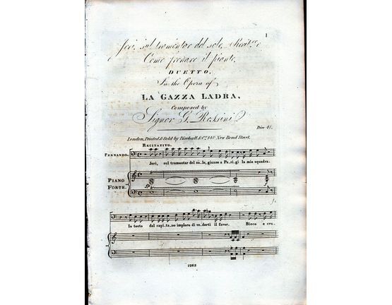 8663 | Jer, sul tramontar del sole, Recit. e Come frenar il pianoto - In the Opera of "La Gazza Ladra" - For Vocal Duet and Piano