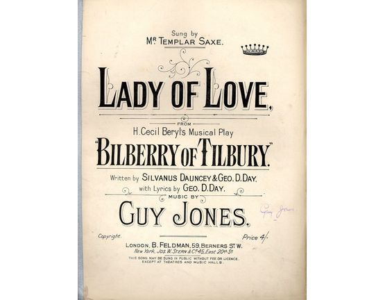 8709 | Lady of Love - From H. Cecil Beryl's musical play "Bilberry of Tilbury" - As sung by Mr Templar Saxe