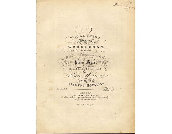 8721 | Vocal Trio by Curschman of Berlin - With an Accompaniment for the Piano Forte - Inscribed to Miss Masson