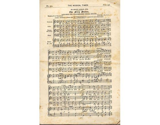 8825 | The Ferry Maiden - Barcarole for unaccompanied choral singing - The Musical Times No. 424 - Dedicated to Henry Leslie Esq. - Set for S. A. T. B and Pi