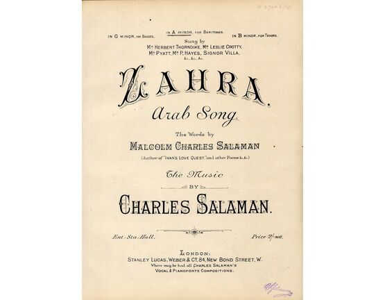 8879 | Zahra - Arab Song - In The Key of A Minor - For Medium Voice - Sung by Herbert Thorndike, Leslie Crotty, Mr Pyatt, Mr P. Hayes, Signor Villa