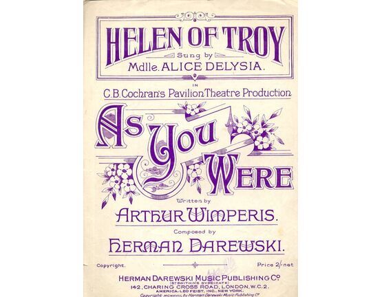 9022 | Helen of Troy - Song From the C. B. Cochran's Pavilion Theatre Production "As You Were" - Sung by Mdlle. Alice Delysia