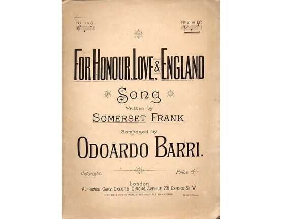 9161 | For Honour, Love & England - Song - In the Key of B Flat Major for High Voice