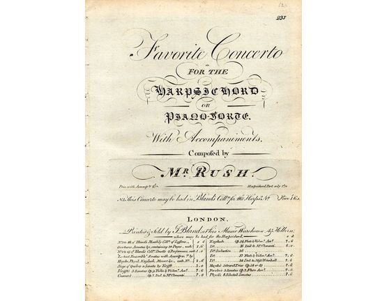 9237 | Favourite Concerto for the Harpsichord or Pianoforte with accompaniments - Bland's Harpsichord Col. No. 8, Vol. 1st