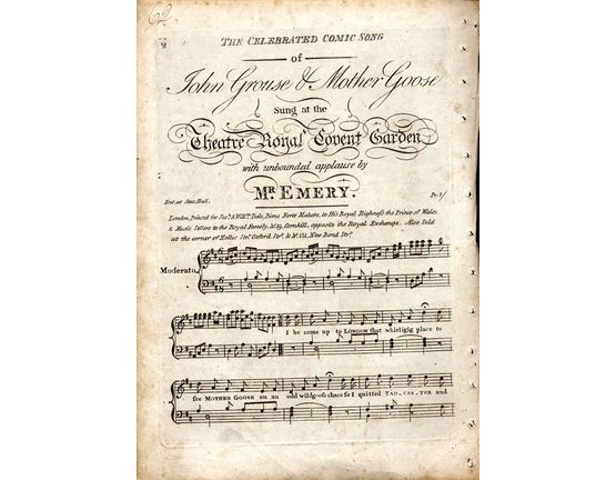 9450 | John Grouse and Mother Goose - The Celebrated Comic Song - Sung at the Theatre Royal Covent Garden with unbounded applause by Mr Emery