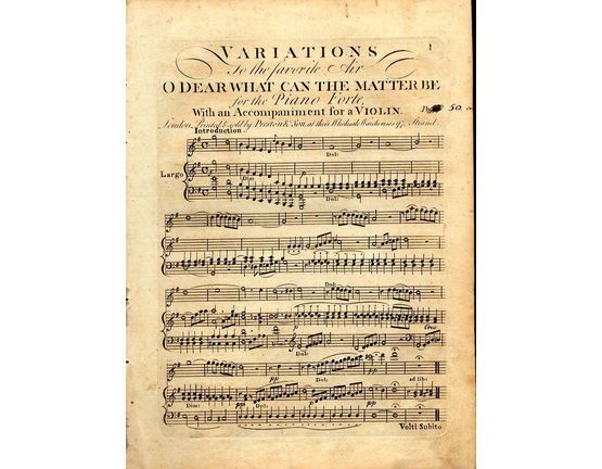 9493 | Variations to the favorite Air "O Dear what can the matter be" - For the Pianoforte with an accompaniment for a Violin