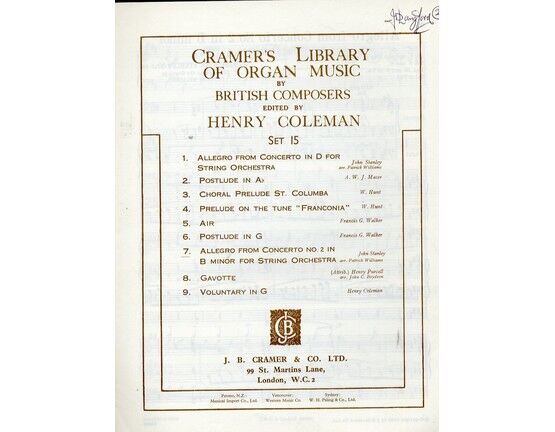 9822 | Cramer's Library of Organ Music by British Composers - Allegro from Concerto No. 2 in B Minor for String Orchestra - Edited by Henry Coleman - Set 15