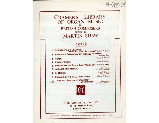 9822 | Cramer's Library of Organ Music by British Composers - Three Old English Introductory Voluntaries - Edited by Martin Shaw - Set 10